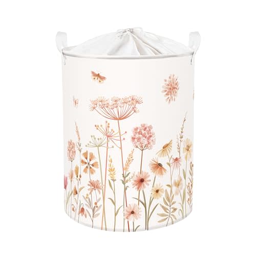 Clastyle 63L Large Boho Flower Plants Kid Laundry Hamper with Handle Girl Bedroom Bathroom Nursery Collapsible Clothes Toy Storage Basket with Lid