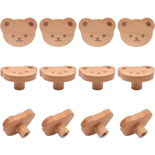 12 PCS Bear Shaped Wooden Knobs, Animals Wooden Drawer Knobs