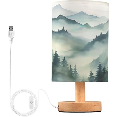 Qilmy Ink Mountain Landscape Bedside Table Lamp with LED Light Included, Button Switch Control for Bedroom Nightstand Lamp with USB Ports for Living Room Bedroom Home Office