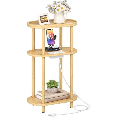 HOOBRO Small Narrow Side Table with Charging Station, Small End Table, 3-Tier Bamboo Narrow End Table, Skinny Oval Nightstand for Living Room, Bedroom, Apartment, Natural YL178UBZ01