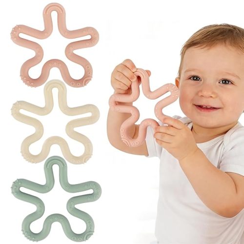 3 Pack Coral Flower Ring Teether Baby Teething Toys Silicone Teether Ring Toys for Babies 0-6 0-12 0-24 0-36 Months Easy to Grasp Clean Infant Teething Relief Soothing Sore Gums