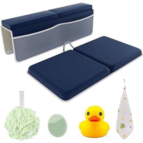Bath Kneeler and Elbow Kneeling Rest Pad Set for Baby Bathing – Waterproof Soft Memory Foam Mat Organizer Pockets Quick Drying Foldable Non-Slip for Baby & Toddler Bath Time Toys Sponge Cloth (Blue)