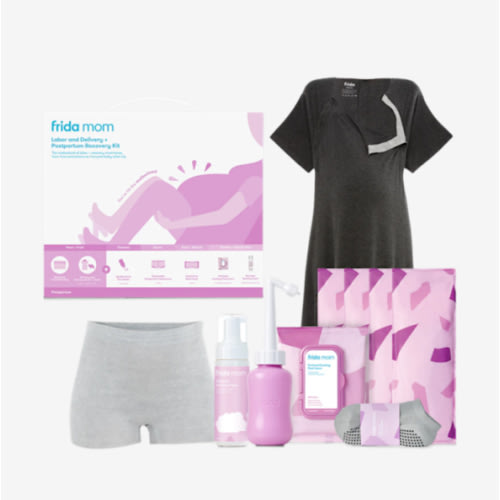 Frida Mom 15pc Labor & Postpartum Kit Gift Set for Baby Showers & Mom to Be, Includes Peri Bottle, Nursing Gown, Disposable Underwear, Ice Maxi Pads, Pad Liners, Perineal Foam, Socks & Toiletry Bag