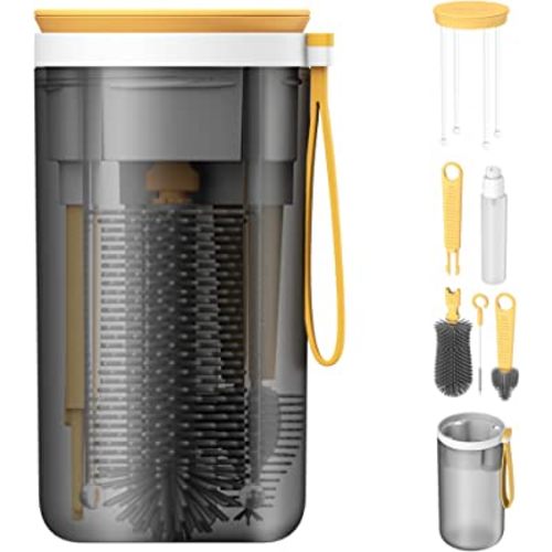 YOTIME Travel Baby Bottle Brush Set with Extendable Silicone Bottle Brush, Nipple Brush, Magnetic Baby Bottle Drying Rack, Straw Cleaner Brush, Baby Bottle Soap Dispenser, Yellow