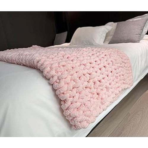 Chunky Knit Blanket Throw 40"×40", Chenille Throw Blankets, Handmade Warm & Cozy Blanket Couch Bed Home Decor, Soft Breathable Fleece Banket, Christmas for Couch Bed Sofa Best Gift (Pink)