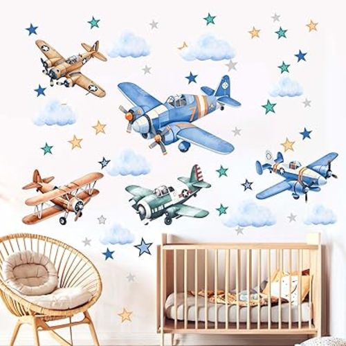 Airplane Wall Stickers for Boys Kids: Peel and Stick Cloud Star Aircrafts Wall Decals for Baby Nursery Kid Bedroom Toddler Room - Children Supplies Ages 1-12 Year Wall Decor