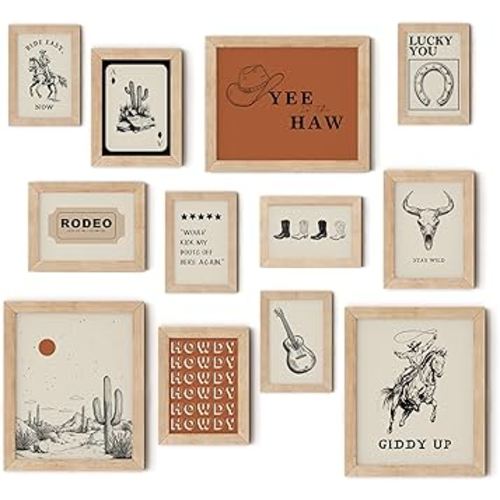 TwoDays Western Wall Decor, Retro Southwest Wall Art, Wild West Cowboy Rodeo Posters, Vintage Country Howdy Prints for Home Living Room Bedroom (Multi Sizes, 8" X 10" Largest, Set of 12, Wooden Framed)