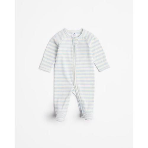 Baby Organic Cotton Print Zip Coverall - Cream Blue Stripe