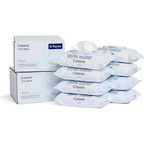 Coterie Baby Wipes, 8 Pack, 448 Count, Unscented Wipes, 99% Purified Water, Plastic-Free & Plant-Based Fibers, Fragrance Free Hypoallergenic Sensitive Skin Baby Essentials, Clean Ingredients