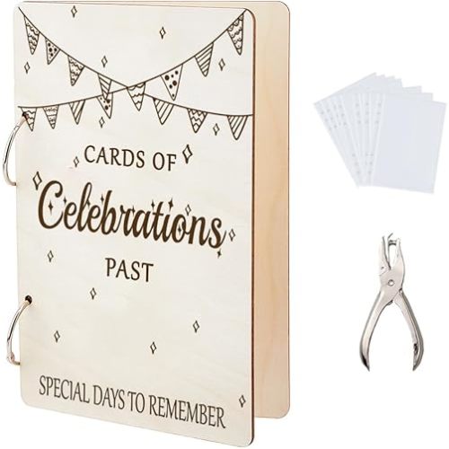SUPERDANT Cards of Celebrations Past Greeting Card Organizer Birthday Card Keeper Binder Childhood Keepsake Card Holder Wooden Loose Leaf Photo Album 2-Rings Gifts with Punch and 10 Card Pocket