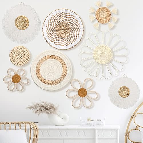 Chunful 9 Pcs Boho Nursery Wall Decor Daisy Flower Woven Macrame Seagrass Rattan Basket Wall Hanging Bohemian Decorations Gifts for Home Dorm Art Farmhouse Bedrooms Living Room(White)