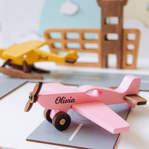 Wooden Toy Plane With Name Sensory Activity Toys Handmade Custom Airplane Christening Gift Montessori Toys For Toddlers Kids Pretend Play