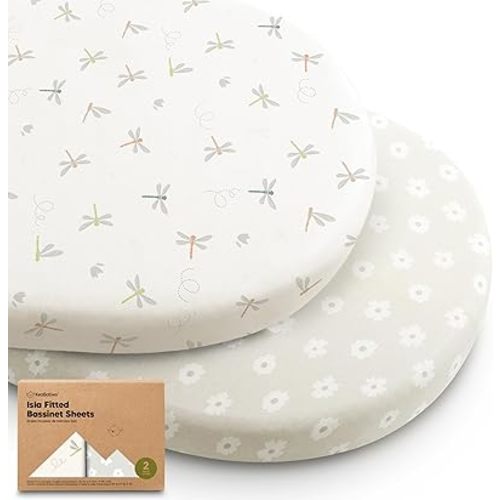 2-Pack Baby Bassinet Sheets Girl, Boy - Viscose Derived from Bamboo Fitted Bassinet Sheets Compatible with Halo Bassinest Swivel Sleeper, Baby Delight, Graco Bedside Bassinet Mattress Sheet (Meadow)
