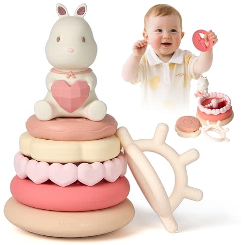 Moonkie Bunny Baby Stacking Toys | 7-Piece Silicone Rings for Teething Relief | Educational Toy for Infants & Toddlers 6 Months+ | Baby Girl Essentials