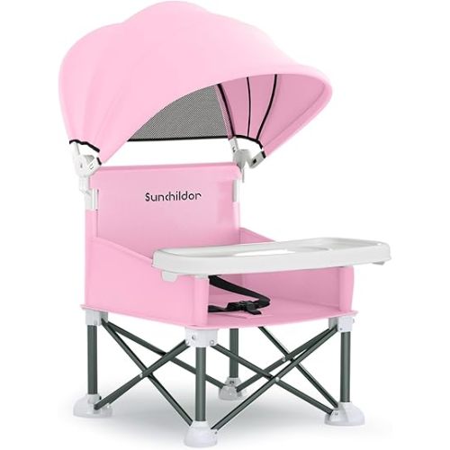 Portable Baby Booster Seat with Removable Tray & Canopy - 3 Point Safety Harness, Compact Fold for Travel, Indoor Outdoor Use for Infants & Toddlers, Pink