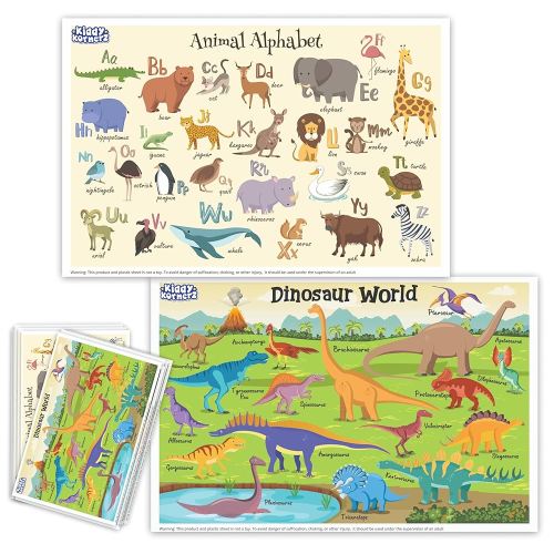 40 Pack Waterproof Disposable Placemats for Baby, Place mats for Kids, Toddler - Kids Placemats for Dining Table Tyke, Restaurants, and Travel (Dinosaur and Animal Alphabet Theme)