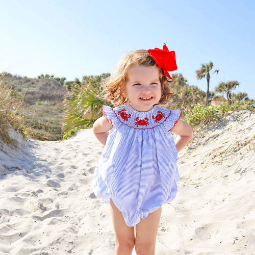 Crab Treasures Smocked Blue Stripe Angel Sleeve Bubble