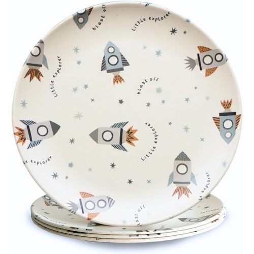 Nook Theory 4-Pack Bamboo Fiber Dinner Plates - Alternative for Plastic Plates, Toddler & Kids Plates, Dishwasher Safe, Food-Grade Bamboo Plates Reusable - Lightweight Dinner Plates (Space 8")