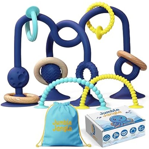 JoySprout Jumble Jangle Baby Teething Toys – BPA-Free Baby Essentials for Teething Relief: Multi-Purpose High Chair Baby Toys 0-6 Months with Sensory Textures for Infants and Toddlers