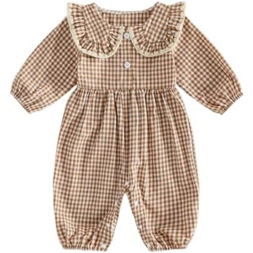 BULINGNA Infant Baby Girl Plaid Jumpsuit Long Sleeve Ruffle Peter Pan Collar Gingham Romper Fall One Piece Outfit (Khaki, 3-6 Months)