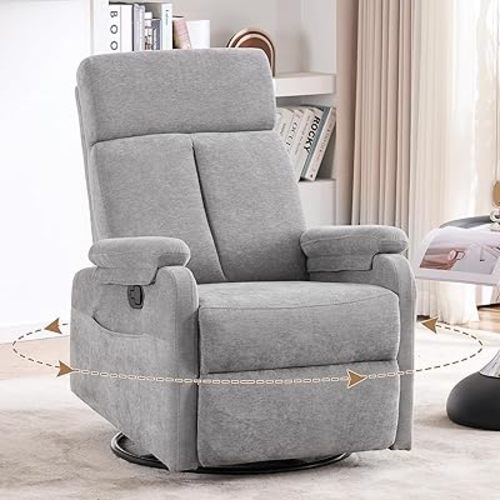 Recliner Chair,Swivel Rocking Chair Nursery,Small Rocker Recliner for Small Spaces, Glider Recliner Nursery Chair for Adults with Side Pockets for Living Room, RV, Upholstered Fabric Grey