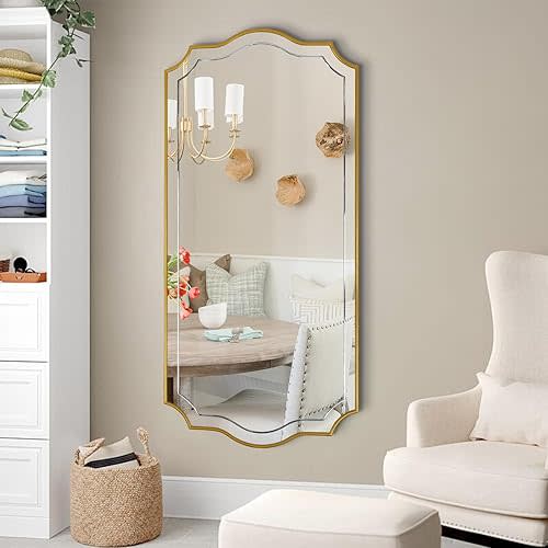 POZINO Gold Scalloped Mirror, 24"x47" Large Rectangle Vanity Mirror wirh Wood Frame, Modern Elegant Irregular Wavy Mirrors for Living Room BathroomBedroom Entryway, Hangs Vertically or Horizontally