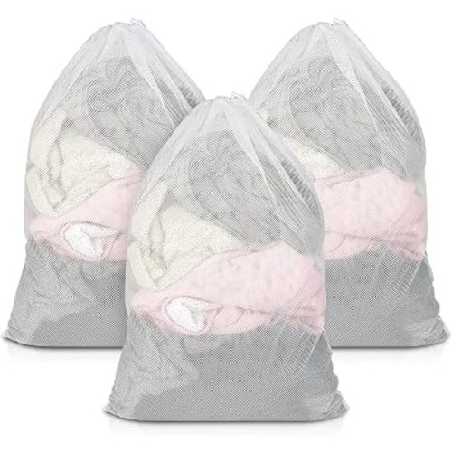 3 Pack Mesh Laundry Bags, 23 x 34 Inches Heavy Duty Mesh Laundry Bag, Large Laundry Drawstring Bag for College, Dorm, Travel, Family and Apartment Dwellers, White