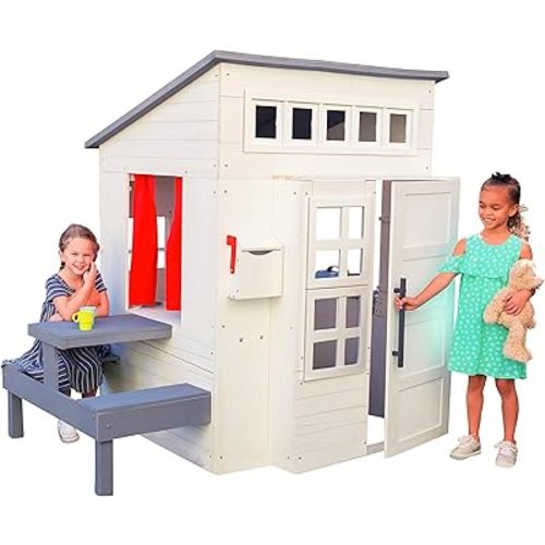 KidKraft Modern Outdoor Wooden Playhouse with Picnic Table, Mailbox and Outdoor Grill, White
