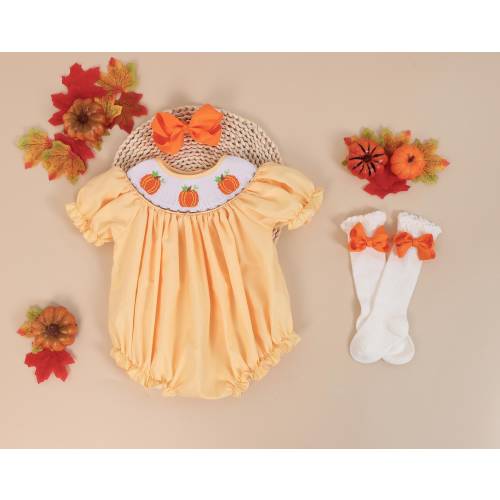 Yellow Smocked Pumpkin Bubble Romper Halloween, Thanksgiving, Fall Halloween Dress, Bishop style, Baby Girl, Pumpkin Patch, 1st Halloween