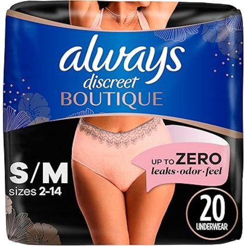 Always Discreet Boutique Adult Incontinence & Postpartum Underwear for Women, High-Rise, Size Small/Medium, Rosy, Maximum Absorbency, Disposable, 20 Count (Packaging May Vary)