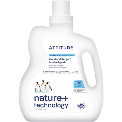 ATTITUDE Liquid Laundry Detergent, Made in Canada, EWG Verified Laundry Soap, HE Compatible, Vegan and Plant Based Products, Wildflowers, 80 Loads, 2 Liters
