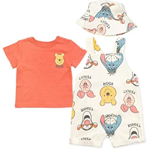 Disney Tigger Winnie the Pooh Baby French Terry Short Overalls T-Shirt and Hat 3 Piece Outfit Set Newborn to Infant