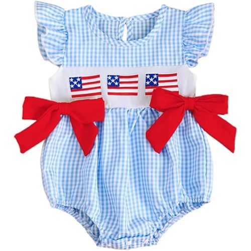 MoZiKQin Baby Girl 4th of July Outfit Newborn American Flag Bubble Romper Bowknot Ruffle Bodysuit Smocked Baby Clothes