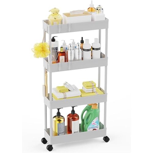 LEHOM 5.1" Slim Storage Cart - 4 Tiers Bathroom Organizer Mobile Shelving Unit Storage Rolling Utility Cart Slide Out Organizer for Kitchen Bathroom Laundry Narrow Places, White