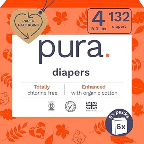 Pura Eco-Friendly Diapers Size 5 (24-35 lbs), Totally Chlorine Free (TCF), Hypoallergenic Soft Organic Cotton, Up to 12 Hours Leak Protection, Allergy UK - 3 Packs of 20 (60 Diapers)