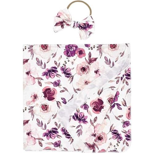 Baby Swaddle Blanket Newborn Girl Swaddle and Headband Set Purple Flowers Floral Print Wrap Shower Gift