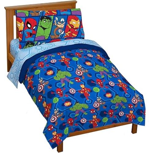 Jay Franco Marvel Super Hero Adventures Hero Together 4Piece Toddler Bed Set Super Soft Microfiber Bed Set Includes Toddler Size Comforter & Sheet Bedding Features The Avengers Official Product