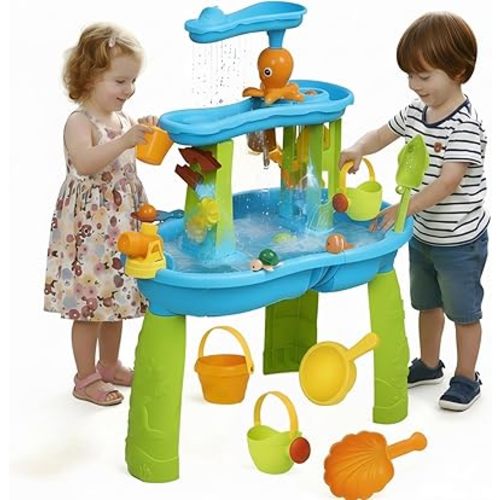 Hugut 2026 Upgraded 3-Tier Water Table for Ages 3–8 – Outdoor Backyard Sensory Activity Table with Fun Water Play Accessories, Summer Gift for Boys and Girls