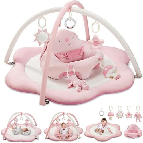 3-in-1 Baby Play Mat, Baby Seats for Infants for Sitting Up, Tummy Time Mat with 5 Detachable Toys, Baby Activity Gym & Playmats for Babies 0-6 6-12 Months, Newborn Baby Shower Gifts