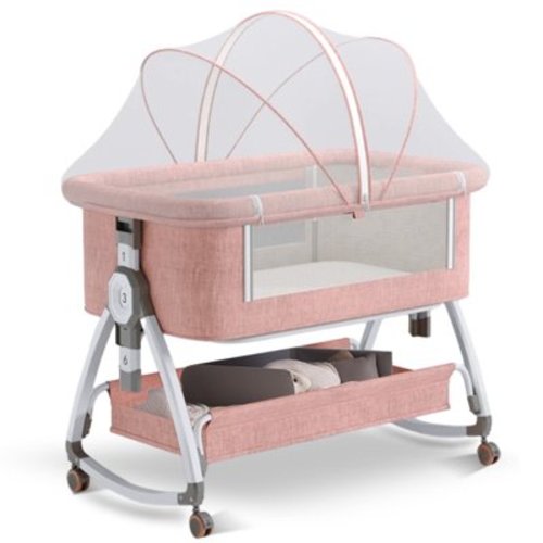 BEJOLO 5-in-1Baby Bassinet, Infant Bedside Crib with Changing Diaper Table, 6 Gear Adjustable Height, for 0-24 Months, Pink
