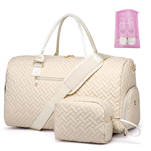 Duffle Bag for Travel, Weekender Bag with Shoe Compartment, Carry On Overnight Bag for Women with Toiletry Bag, Gym Bag with Wet Pocket, Hospital Bags for Labor and Delivery Beige