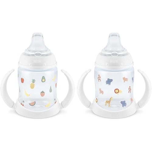 NUK Learner Cup, 6+ Months, Fun Fruits and Animals, Amazon Exclusive Collection, 5 Oz, Pack of 2 – BPA Free, Soft Spout, Spill Proof Sippy Cup