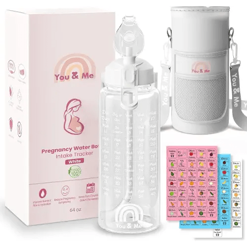 You & Me Pregnancy Water Bottle – 64oz Hydration Tracker with Milestone Stickers, Covered Straw Lid – Essential Gifts for Expecting Moms, BPA-Free, Includes Storage Sleeve