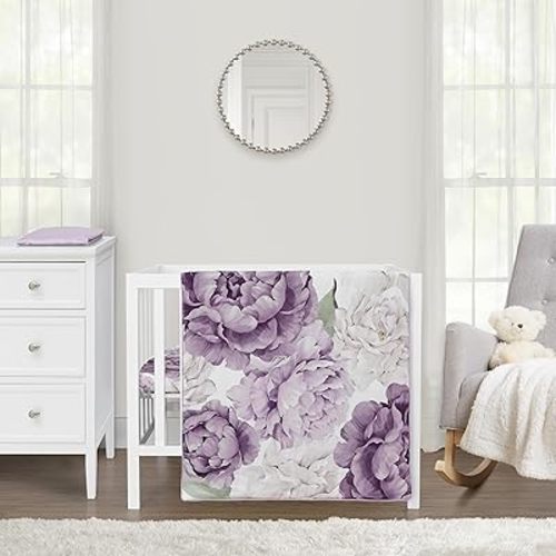 Sweet Jojo Designs Lavender Purple Boho Shabby Chic Floral Girl Baby Mini Crib Bedding Set Infant Nursery Room Newborn Blanket Portable Pack n Play Sheets 3pc Ivory Bohemian Vintage Garden Watercolor