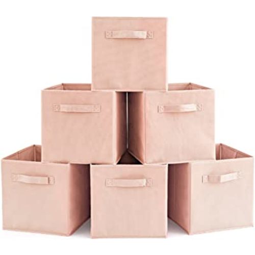 EZOWare Set of 6 Foldable Fabric Basket Bins, 10.5"x10.5"x11" Collapsible Storage Organizer Cube with Handle for Kids Clothes Baby Nursery - Pale Dogwood