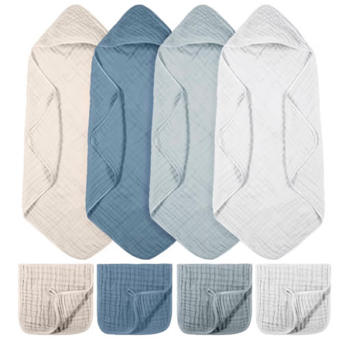 8 Pcs Baby Muslin Hooded Bath Towels and Washcloths, 32 x 32 Inch Muslin Cotton Hooded Baby Towels Absorbent Hooded Blankets for Gift Newborn Infant Shower (Blue,White)