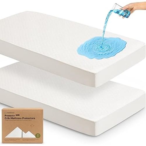 Waterproof Crib Mattress Protector Cover Fitted - 2-Pack Quiet Baby Mattress Topper Crib Sheets, 52" x 28" Soft Quilted Cotton Baby Sheet, Easy Fit, Durable Toddler Liner (Soft White)