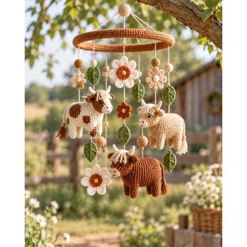 Crochet Highland Cow Baby Mobile, Farmhouse Crib Mobile, Floral Cow Nursery Decor, Rustic Baby Shower Gift