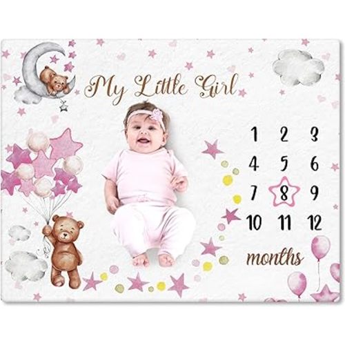 Sleeping Bear Monthly Baby Milestone Blanket Bear Star Balloon Flannel Blanket Boy Newborn Infant Swaddle Growth Chart Baby with Frame for Boys Girls Nursery (Pink)