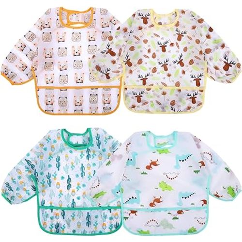 Accmor 4 Pack Long Sleeve Baby Bibs, Waterproof Sleeved Bib, Toddler Soft Bib for 6-36 Months